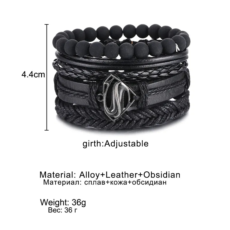 Vintage Black Bead Triangle Leather Bracelet & Bangles Multi Layer Wide Wrap