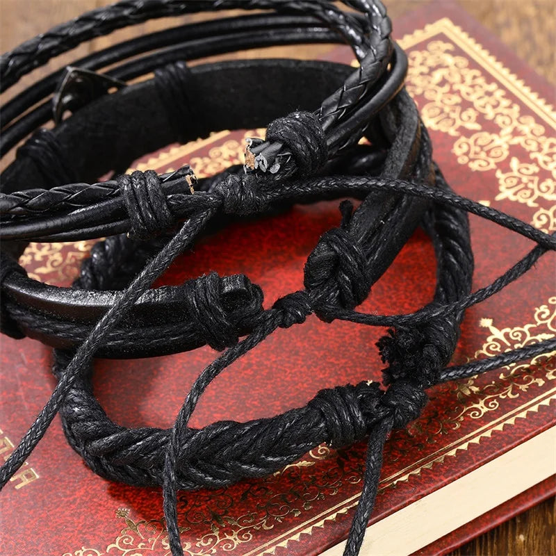 Vintage Black Bead Triangle Leather Bracelet & Bangles Multi Layer Wide Wrap