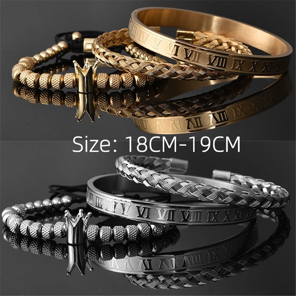 Luxury Roman Royal Crown Charm Stainless Steel Geometry Pulseiras Men Adjustable Bracelets