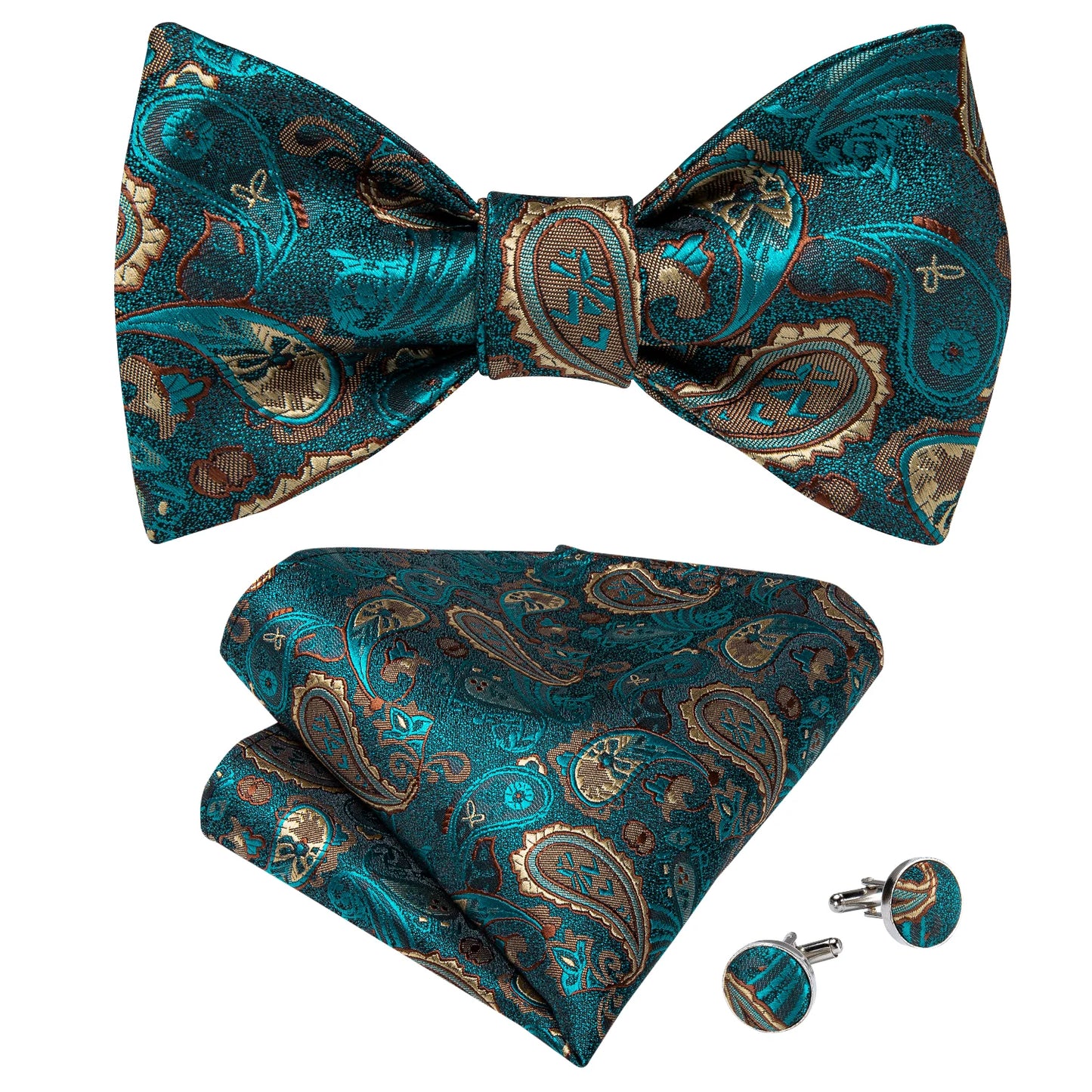 3 Piece Brand New Men's Bow Tie Teal Green Blue Paisley Floral Silk Bow Tie