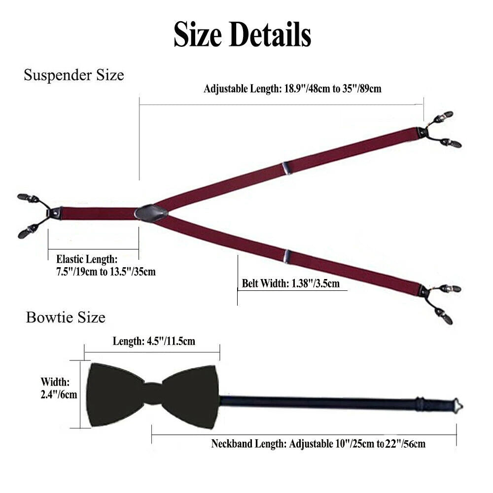 Luxury Silk Men's Suspender Metal 6 Clips Brace/Bow Tie/Hanky & Cufflinks Set