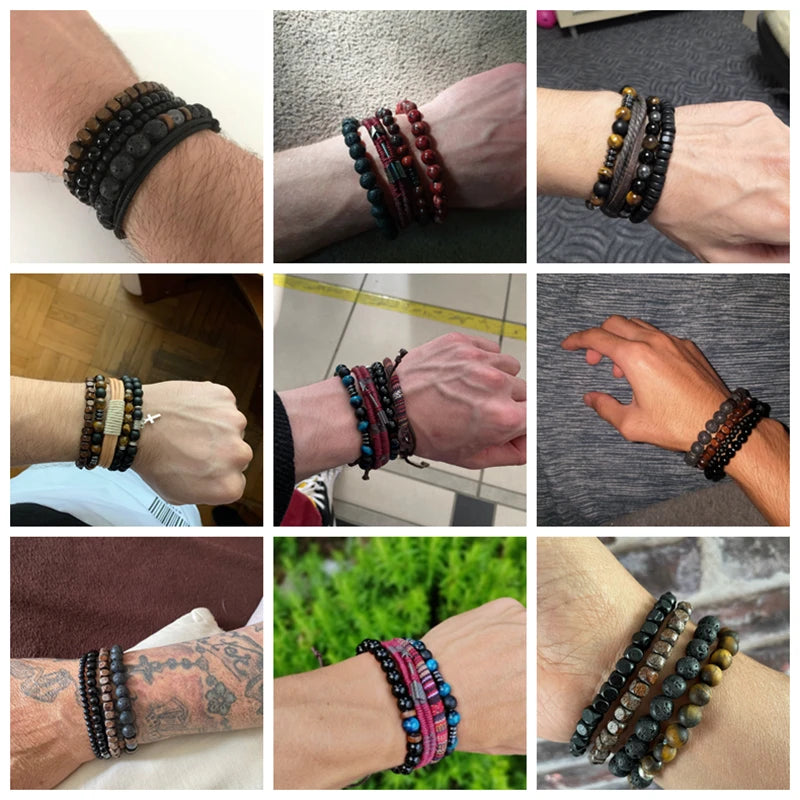 Vintage Multi layer Men Bracelet Natural Stone Lava Beads