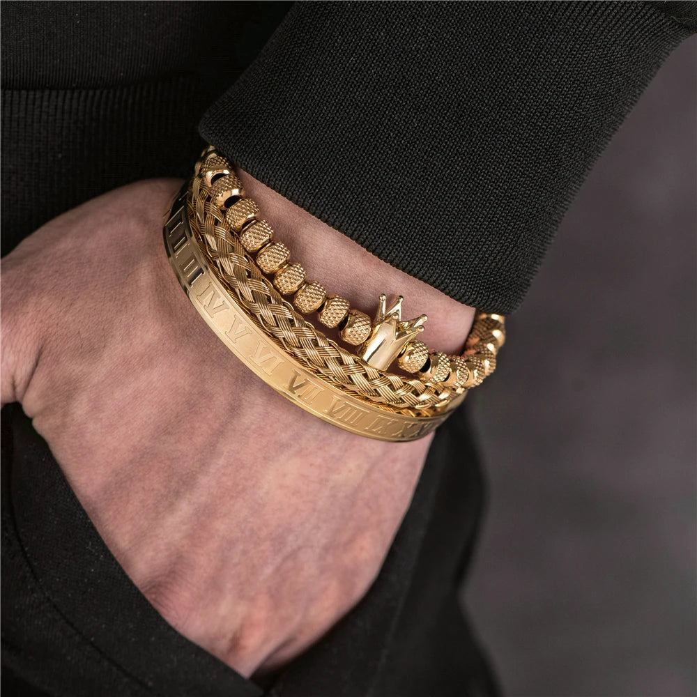 Luxury Roman Royal Crown Charm Stainless Steel Geometry Pulseiras Men Adjustable Bracelets