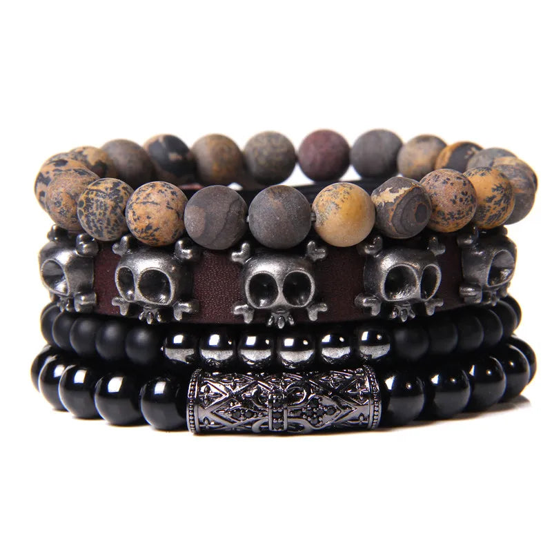 Vintage Multi layer Men Bracelet Natural Stone Lava Beads