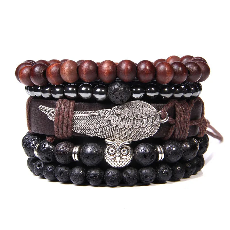 Vintage Multi layer Men Bracelet Natural Stone Lava Beads