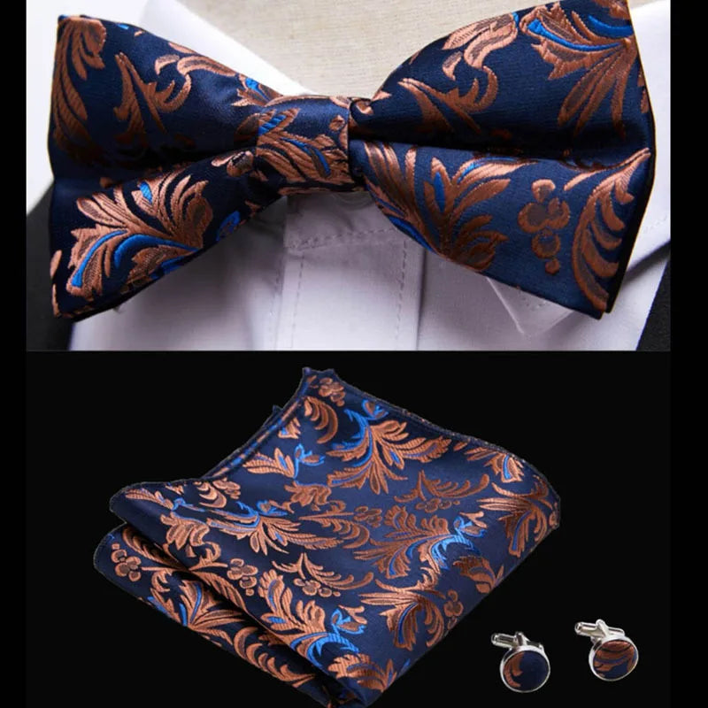 Classic 3 Peice Bow Ties For Men  Paisley Floral Bow Tie Pocket Square & Cufflinks Suit Set