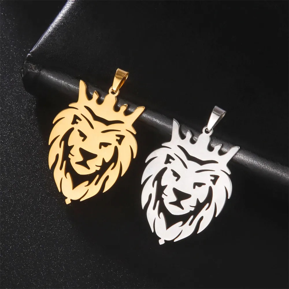 Stainless Steel Lion with King Crown Necklace