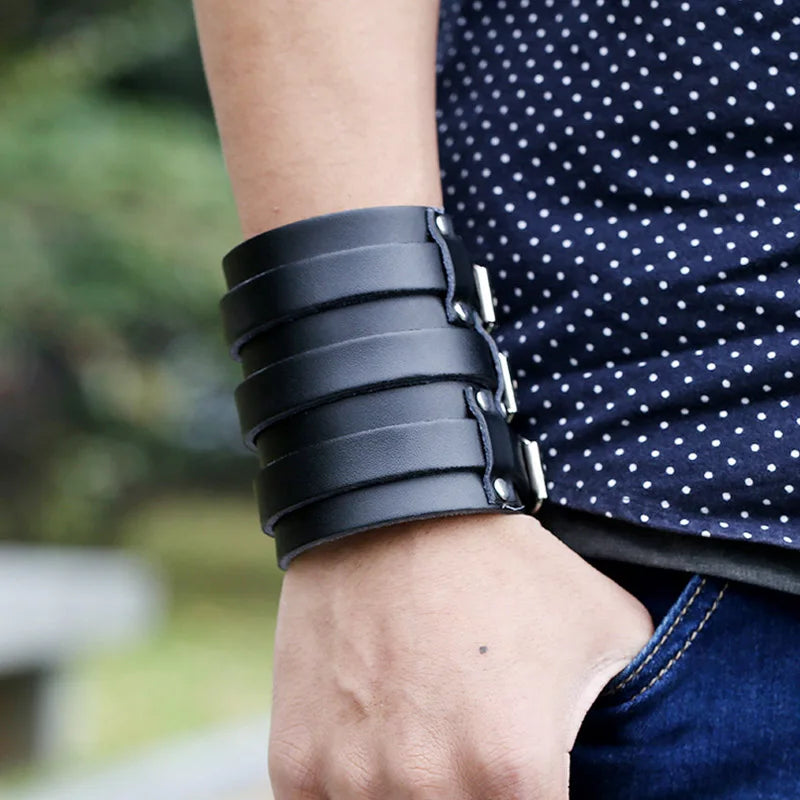 Genuine Leather Wide Cuff Bangle Vintage Three Layers Wide Black