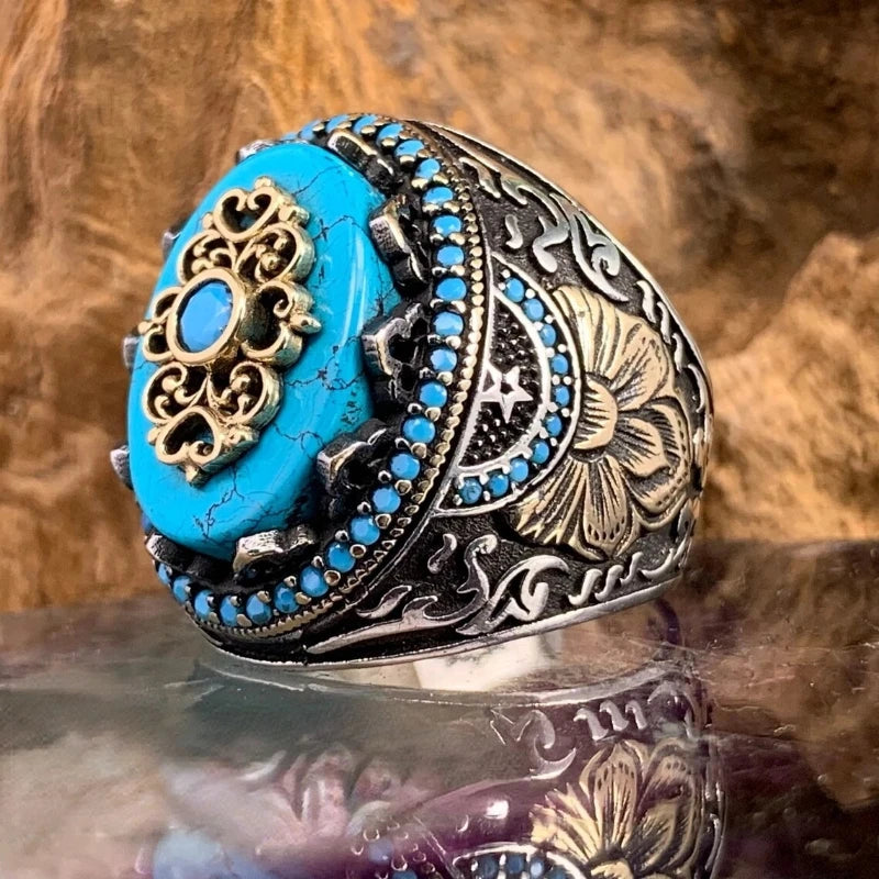 Men's Antique Silver Crystal Finger Engraving Geometric Irregular Pattern Rings