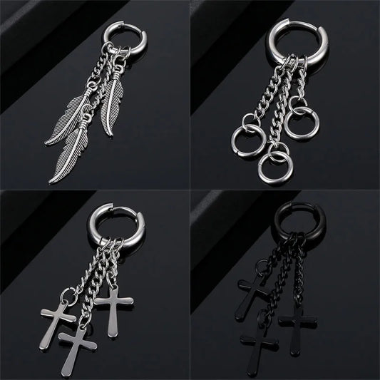 Designer Cross Feather Tassel Earring Stainless Steel