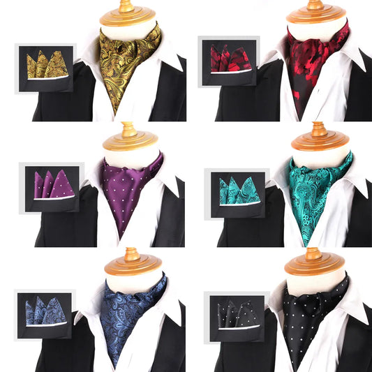 Men's Tie and Pocket Square Set Cravat Ascot Scrunch Polyester Soft Paisley Neck Tie Handkerchief Set