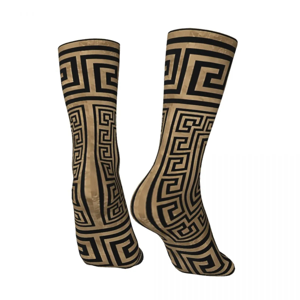 Men Black And Gold Vintage Greek Meander Seamless Pattern Printed Crew Sock