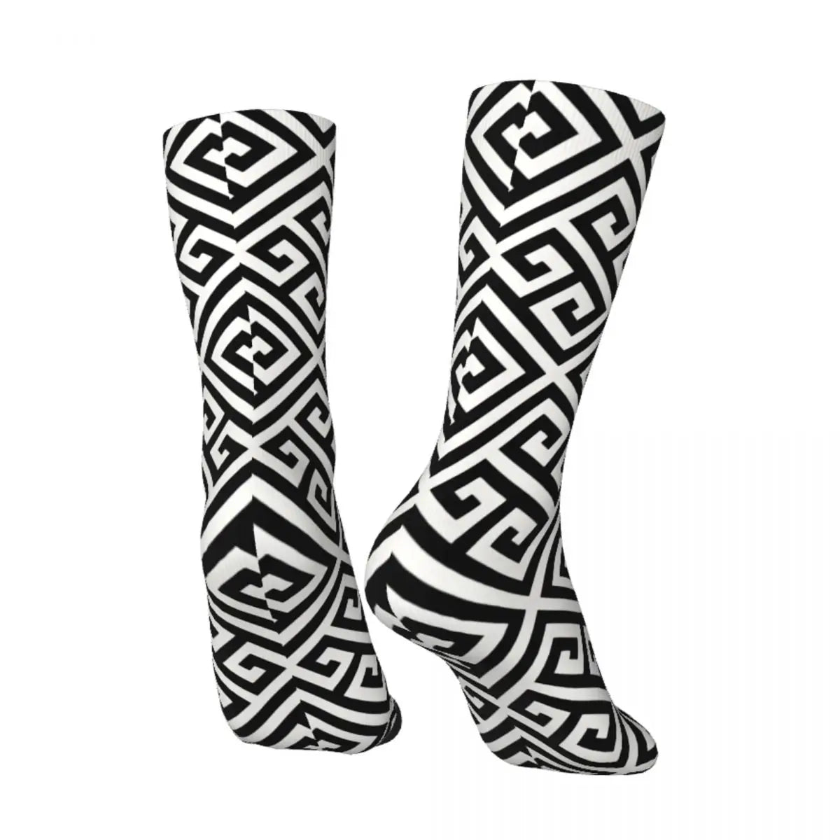 Men Black And White Vintage Greek Meander Seamless Pattern Printed Crew Sock