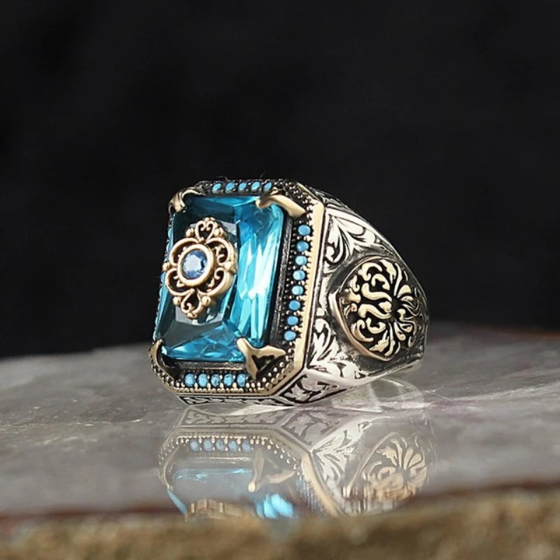 Men's Antique Silver Crystal Finger Engraving Geometric Irregular Pattern Rings