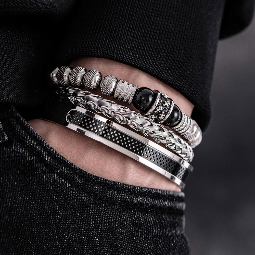 3pcs Men's Stainless Steel Handmade Rope Bangles, Skull & Tiger Eye Natural Stone