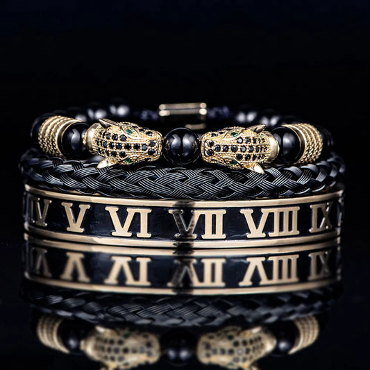 Handmade Luxury Men Double Leopard head, Roman Numeral Bangle, Rope Buckle, Stone Beads