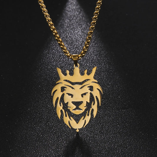 Stainless Steel Lion with King Crown Necklace