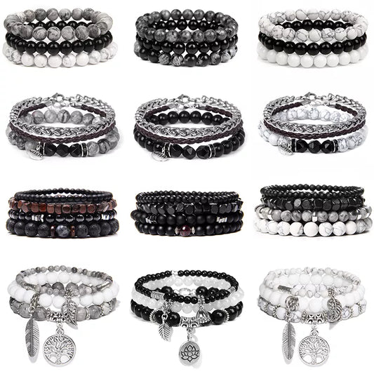 Vintage Men Natural Stone Agates Beads Lava Multi-layer Bracelet