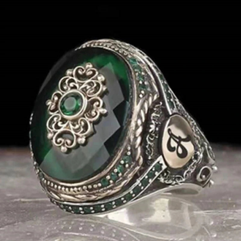 Men's Antique Silver Crystal Finger Engraving Geometric Irregular Pattern Rings