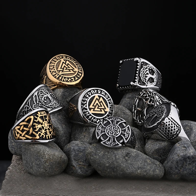 New Mens Viking Gothic Stainless Steel Odin Runes Ring