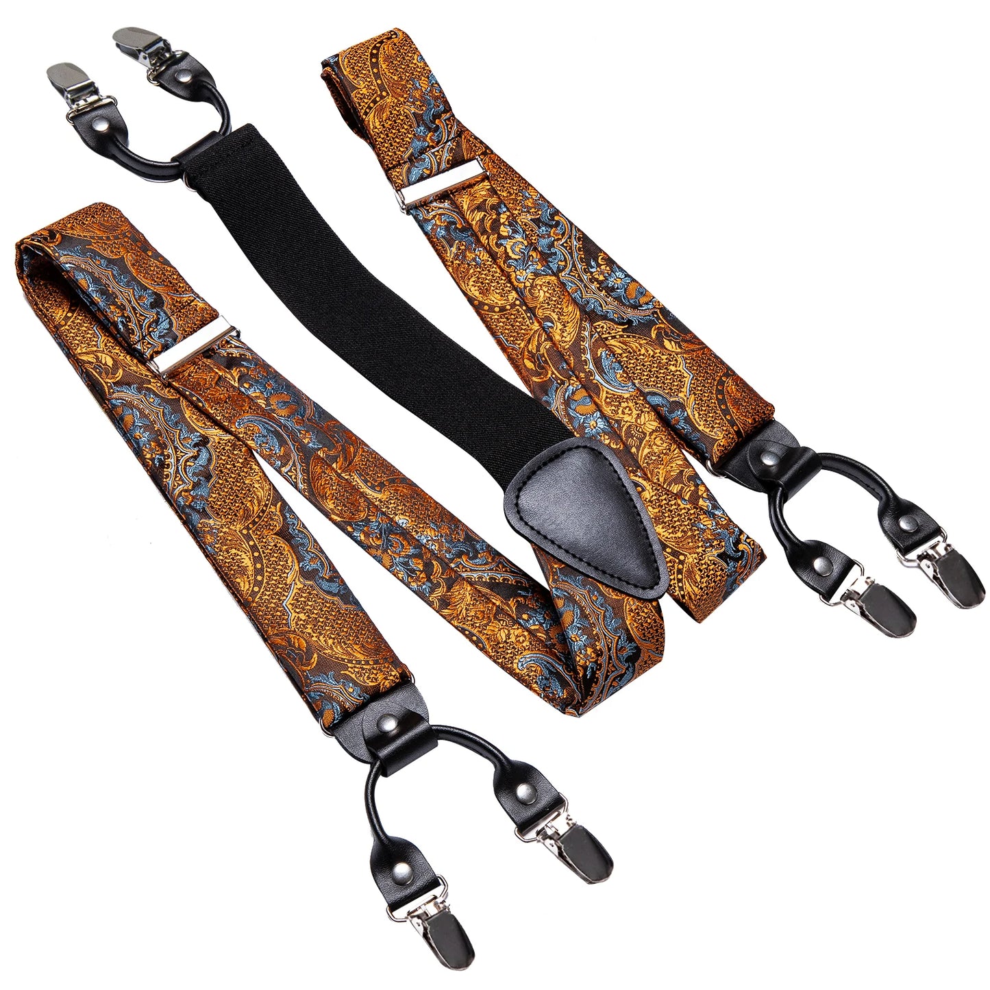 Luxury Silk Men's Suspender Metal 6 Clips Brace/Bow Tie/Hanky & Cufflinks Set