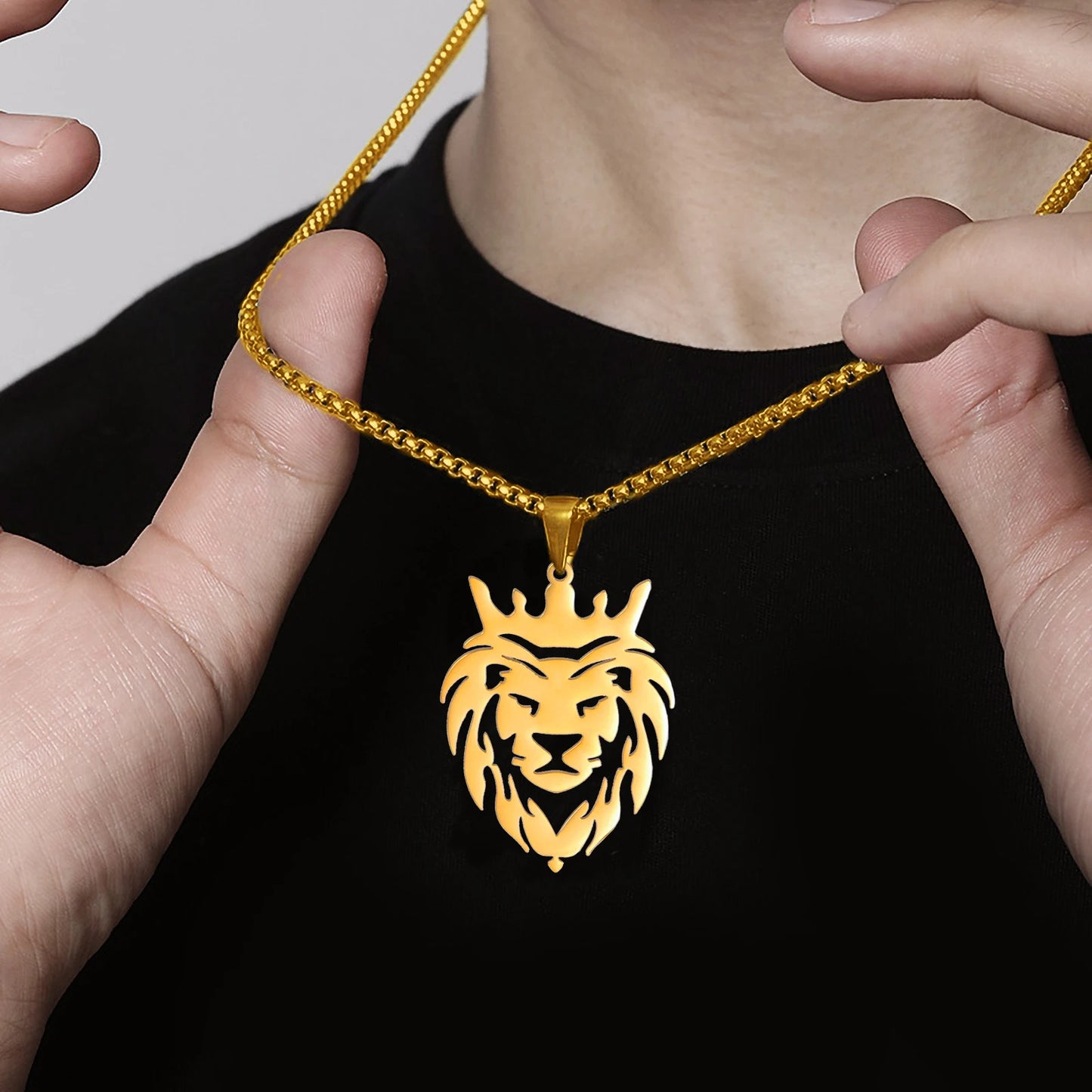 Stainless Steel Lion with King Crown Necklace