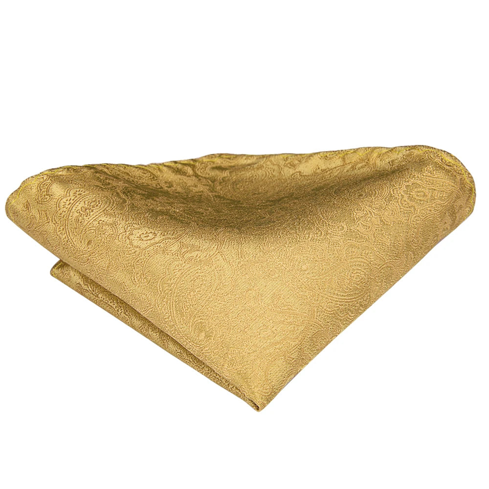 3 Piece Luxury Yellow Gold Plaid Paisley Silk Necktie Handkerchief/Pocket Square +Cufflinks