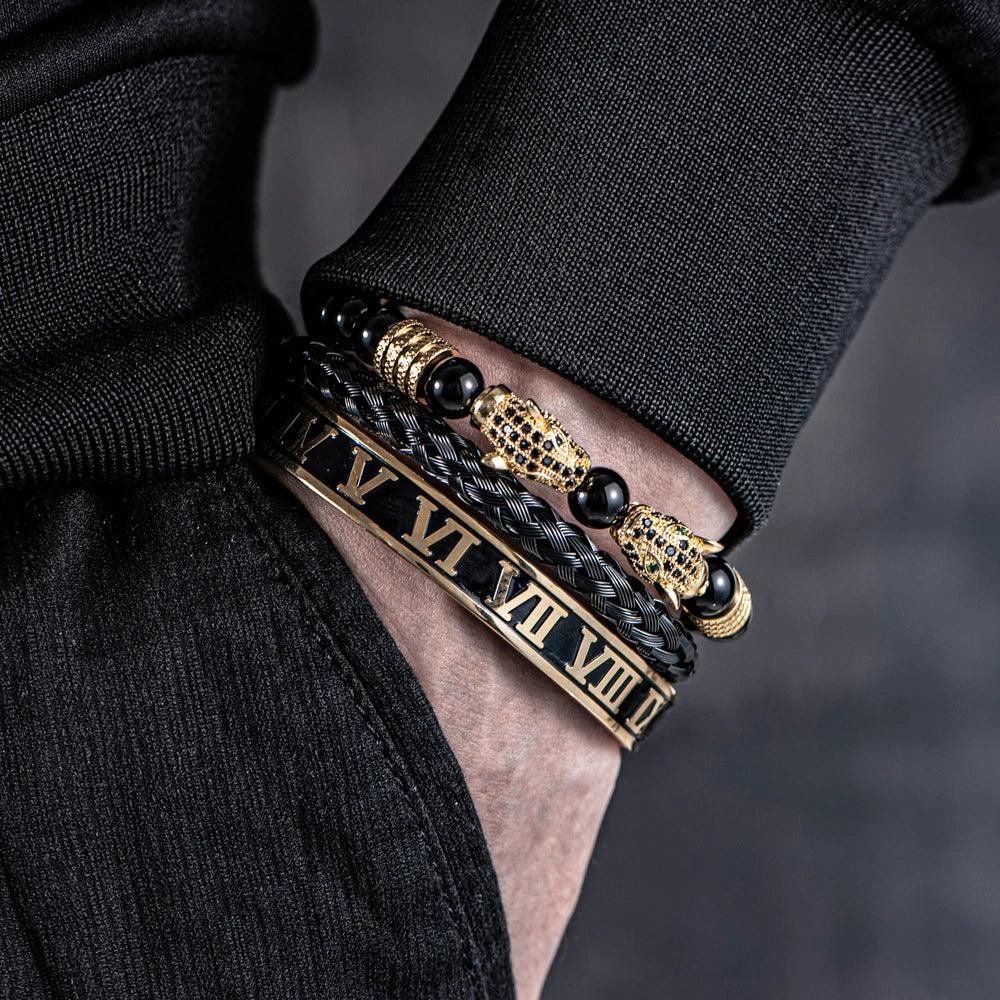 Handmade Luxury Men Double Leopard head, Roman Numeral Bangle, Rope Buckle, Stone Beads