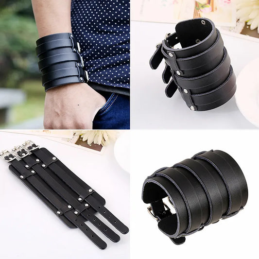 Genuine Leather Wide Cuff Bangle Vintage Three Layers Wide Black