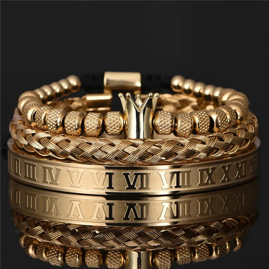 Luxury Roman Royal Crown Charm Stainless Steel Geometry Pulseiras Men Adjustable Bracelets