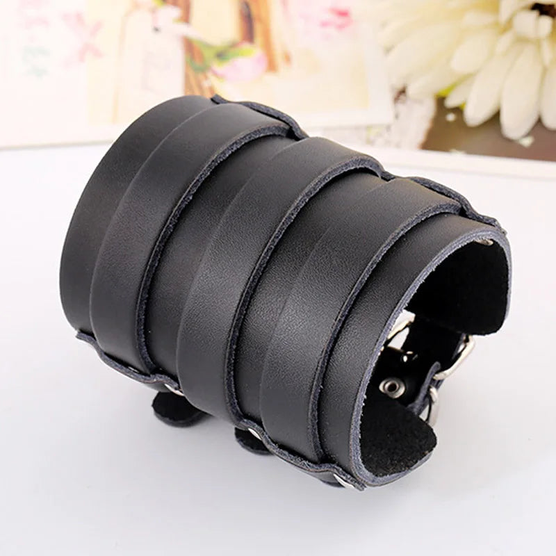 Genuine Leather Wide Cuff Bangle Vintage Three Layers Wide Black