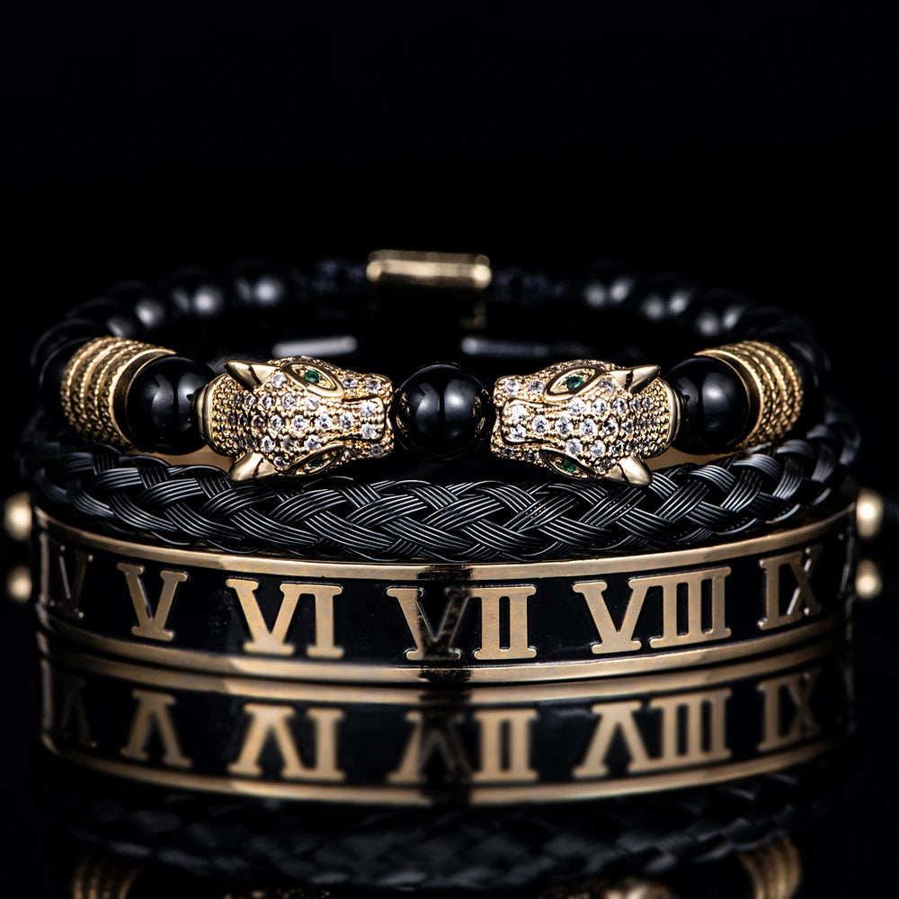 Handmade Luxury Men Double Leopard head, Roman Numeral Bangle, Rope Buckle, Stone Beads