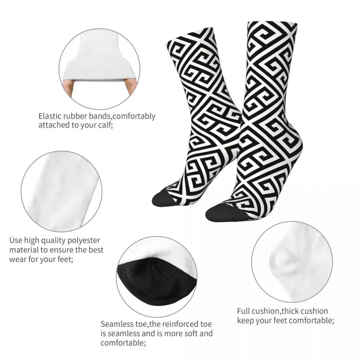 Men Black And White Vintage Greek Meander Seamless Pattern Printed Crew Sock