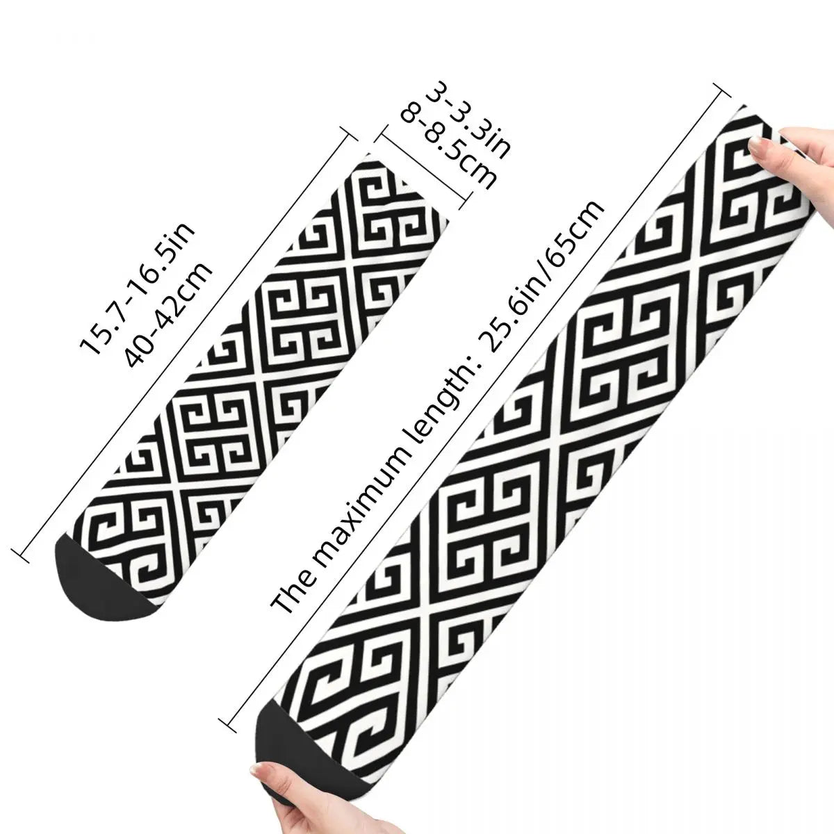 Men Black And White Vintage Greek Meander Seamless Pattern Printed Crew Sock