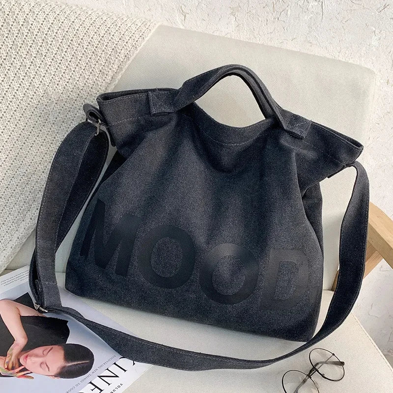Solid Color Printed Canvas Big Tote Bag