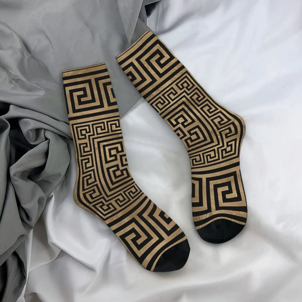 Men Black And Gold Vintage Greek Meander Seamless Pattern Printed Crew Sock