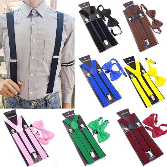 Suspender Bowtie Set Clip-on Buckle Strap Adjustable Elastic Y-Back Brace