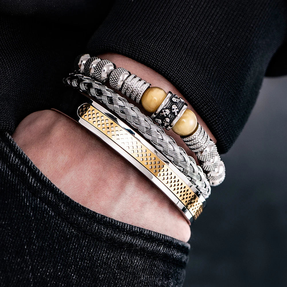 3pcs Men's Stainless Steel Handmade Rope Bangles, Skull & Tiger Eye Natural Stone