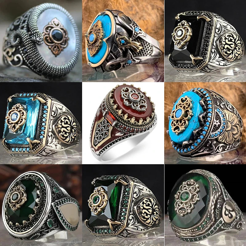 Men's Antique Silver Crystal Finger Engraving Geometric Irregular Pattern Rings