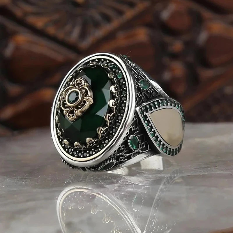 Men's Antique Silver Crystal Finger Engraving Geometric Irregular Pattern Rings