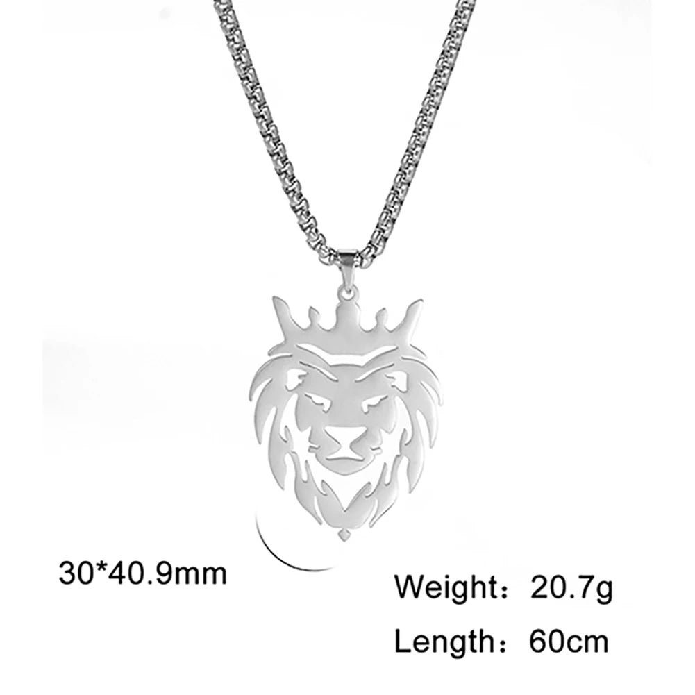 Stainless Steel Lion with King Crown Necklace