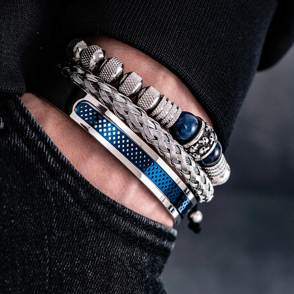 3pcs Men's Stainless Steel Handmade Rope Bangles, Skull & Tiger Eye Natural Stone