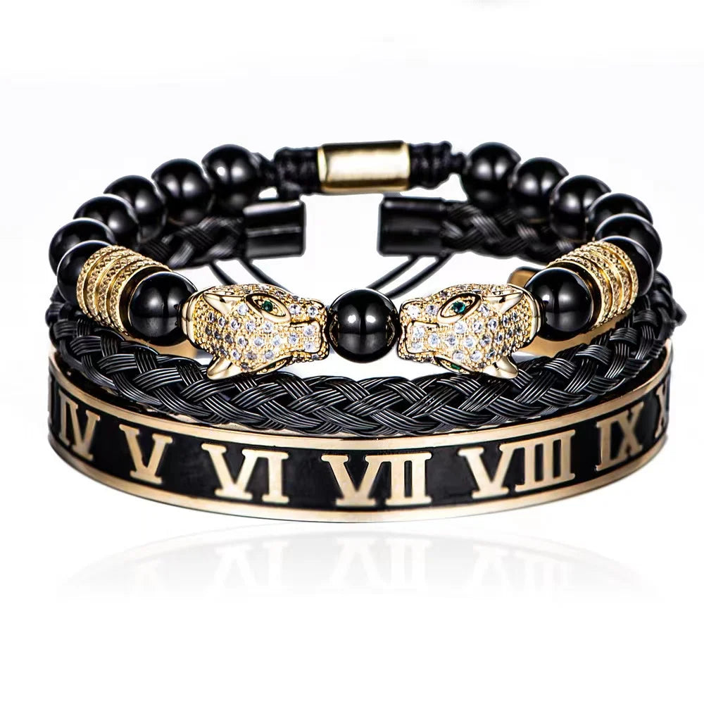 Handmade Luxury Men Double Leopard head, Roman Numeral Bangle, Rope Buckle, Stone Beads