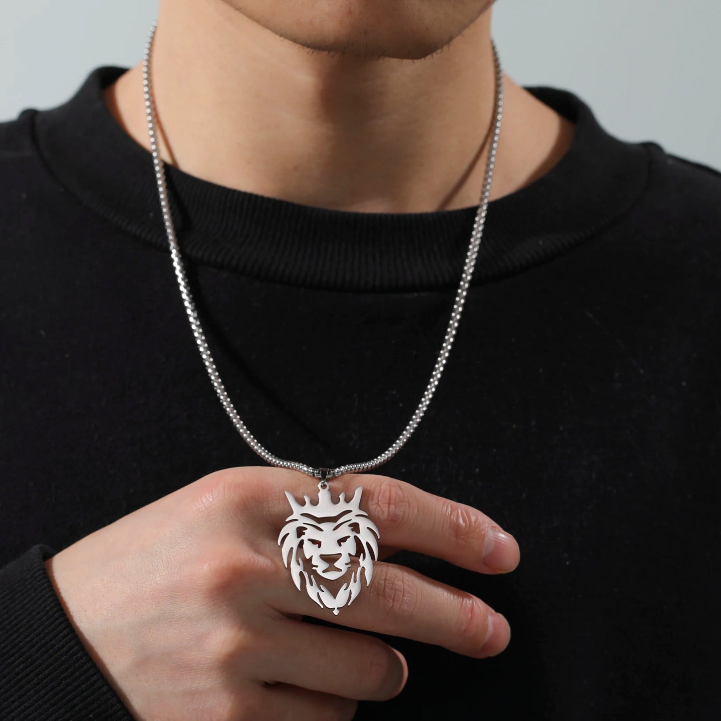 Stainless Steel Lion with King Crown Necklace