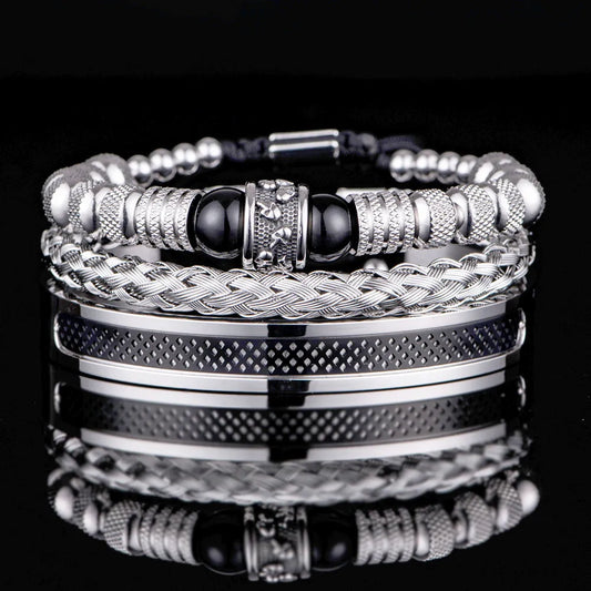 3pcs Men's Stainless Steel Handmade Rope Bangles, Skull & Tiger Eye Natural Stone