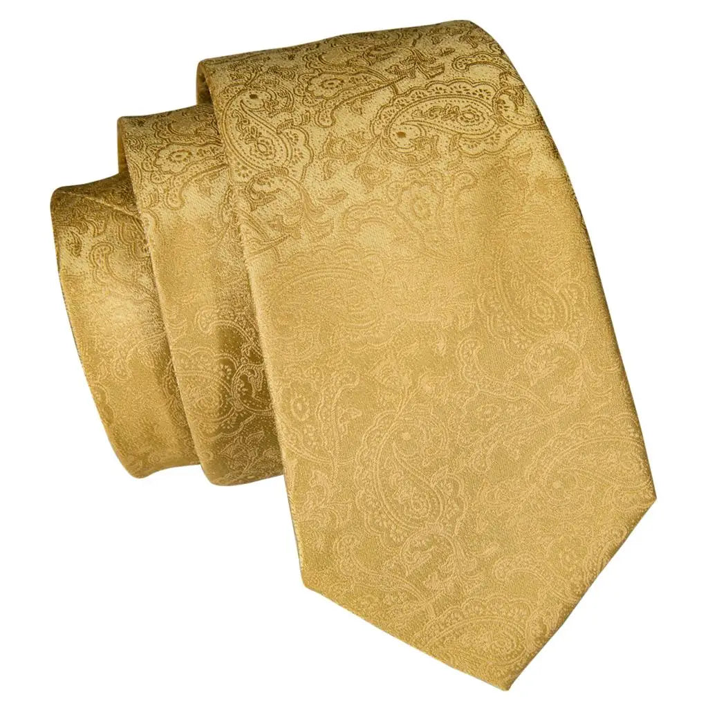 3 Piece Luxury Yellow Gold Plaid Paisley Silk Necktie Handkerchief/Pocket Square +Cufflinks