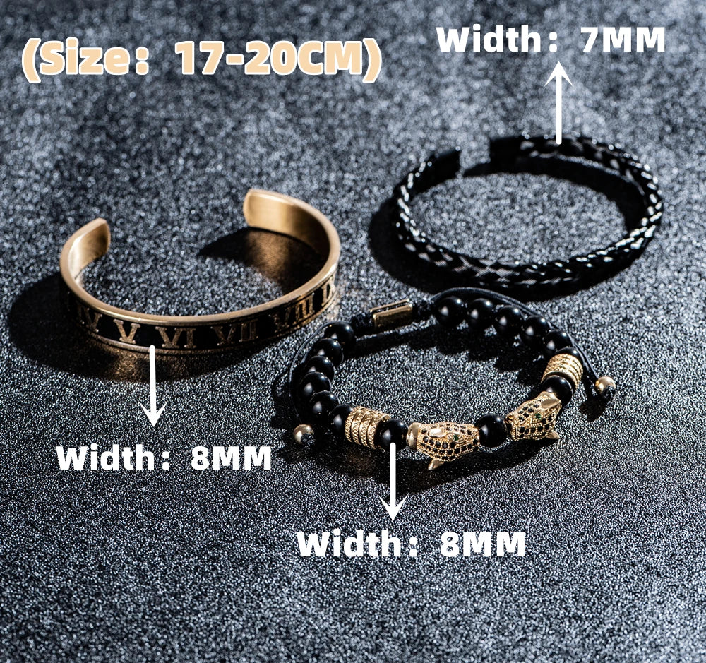 Handmade Luxury Men Double Leopard head, Roman Numeral Bangle, Rope Buckle, Stone Beads