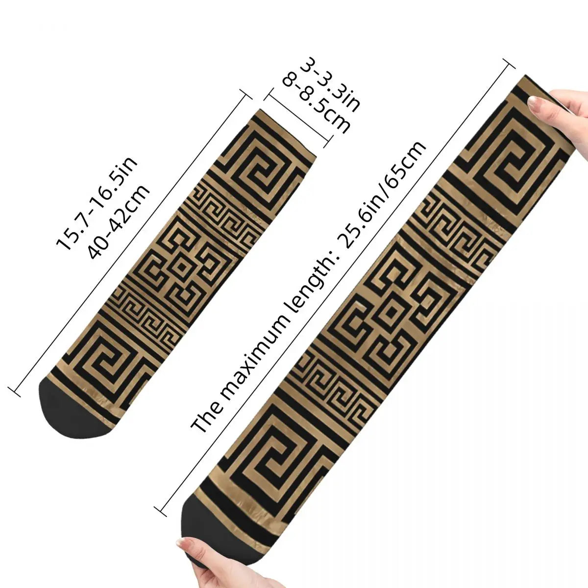 Men Black And Gold Vintage Greek Meander Seamless Pattern Printed Crew Sock