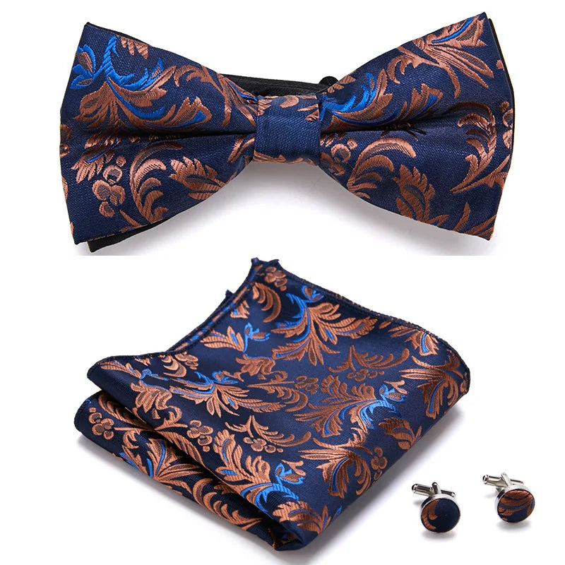 Classic 3 Peice Bow Ties For Men  Paisley Floral Bow Tie Pocket Square & Cufflinks Suit Set