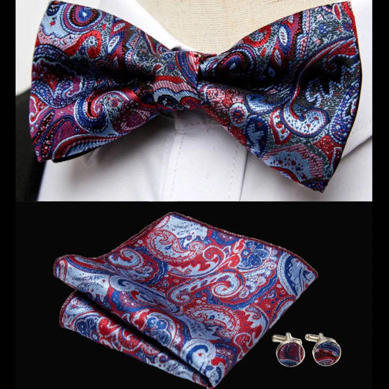 Classic 3 Peice Bow Ties For Men  Paisley Floral Bow Tie Pocket Square & Cufflinks Suit Set